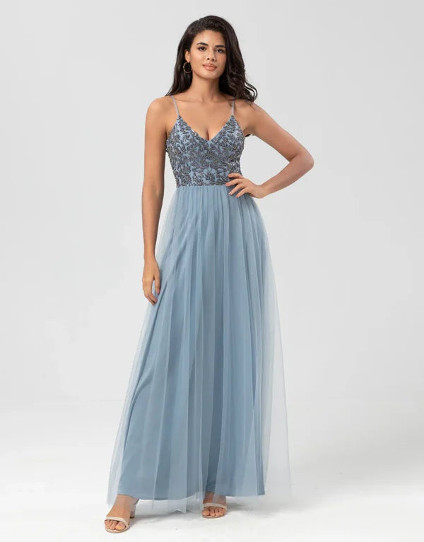 Now or Never A Line Spaghetti Straps Dusty Blue Long with Beading Bridesmaid Dress