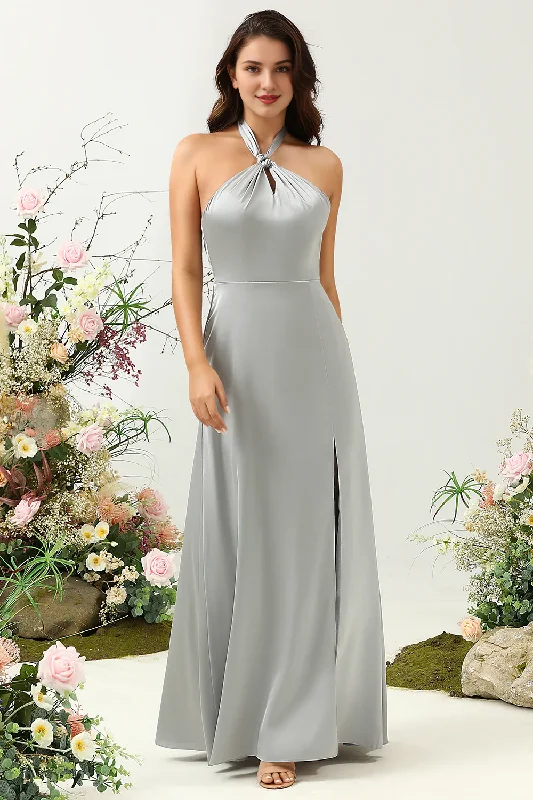 Factory Direct Sale Grey A-line hanging neck shiny satin floor length slit bridesmaid dress Factory Direct Sale Grey A-line hanging neck shiny satin floor length slit bridesmaid dress