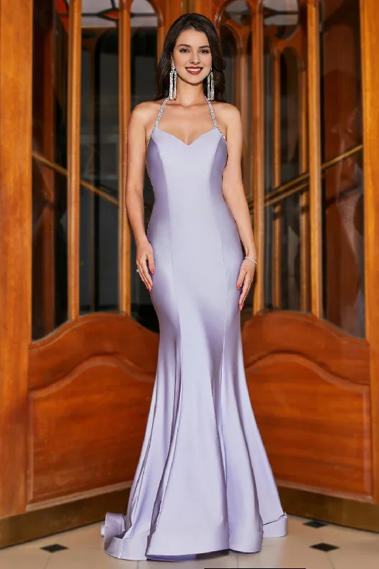 Epic Deals Lilac Purple Tail Hanging Neck Bare Back Long Evening Dress