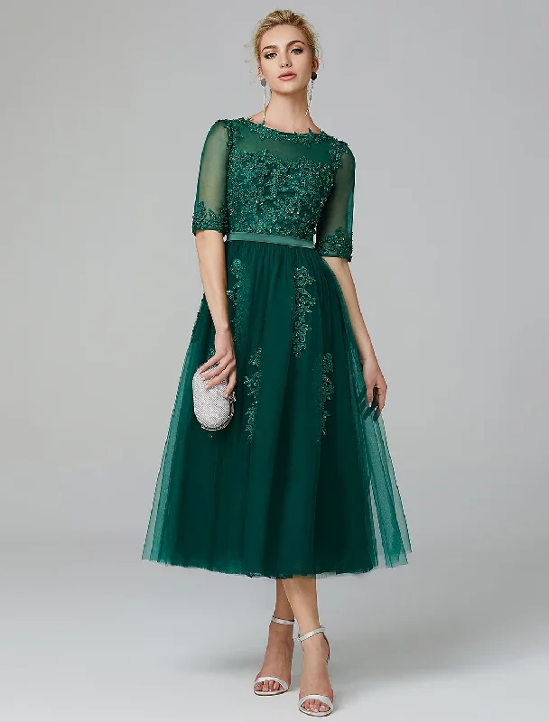 Clearance Items A-Line Sparkle Dress Wedding Guest Tea Length Sleeveless Illusion Neck Lace Over Tulle with Sequin Appliques Clearance Items A-Line Sparkle Dress Wedding Guest Tea Length Sleeveless Illusion Neck Lace Over Tulle with Sequin Appliques