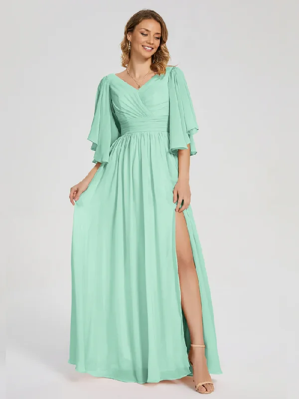 Savings Bonanza A-Line V-neck Half Sleeves Slit Chiffon Bridesmaid Dress Wedding Guest Party Dress