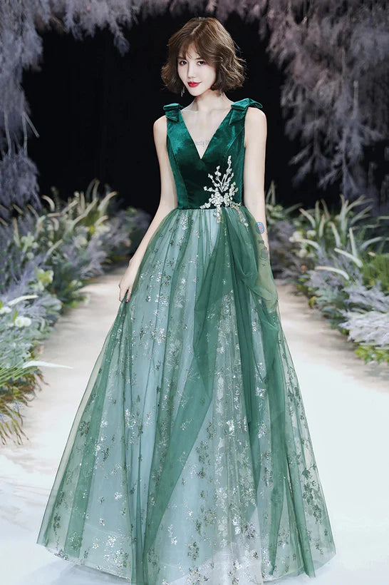 Loyalty Reward Green A-line V-Neck Tulle Long Evening Dress Prom Dress Tulle Party Dress Loyalty Reward Green A-line V-Neck Tulle Long Evening Dress Prom Dress Tulle Party Dress
