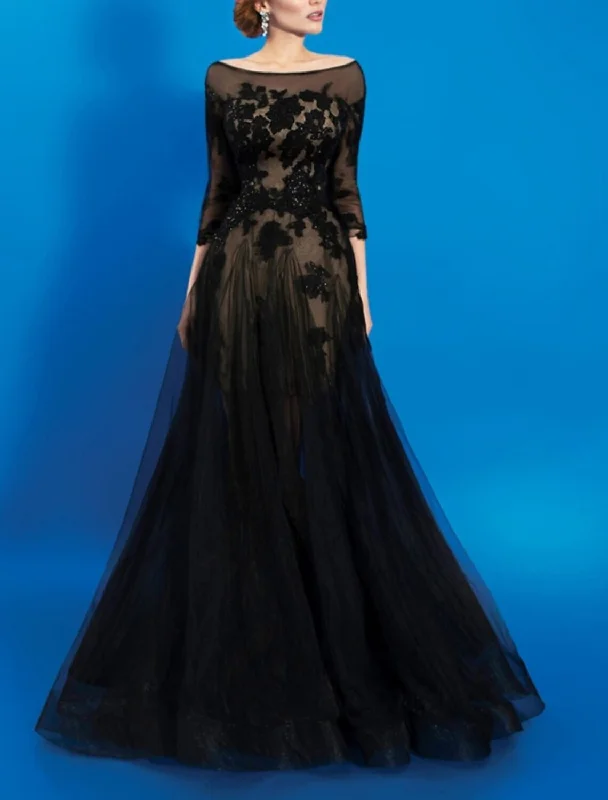 Exclusive Deal A-Line Beautiful Back Floral Engagement Formal Evening Dress Jewel Neck V Back 3/4 Length Sleeve Floor Length Tulle with Appliques Exclusive Deal A-Line Beautiful Back Floral Engagement Formal Evening Dress Jewel Neck V Back 3/4 Length Sleeve Floor Length Tulle with Appliques