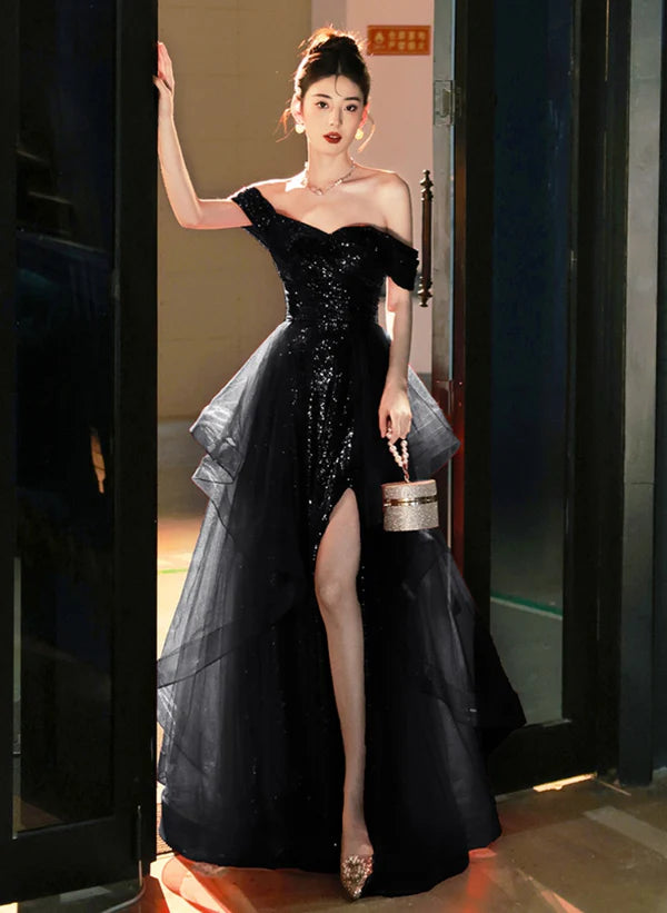 Buy More, Save More A-Line Princess Black Tulle Sequins Ruffle Tiered Long Prom Dress with Leg Slit Black Formal Dress Buy More, Save More A-Line Princess Black Tulle Sequins Ruffle Tiered Long Prom Dress with Leg Slit Black Formal Dress