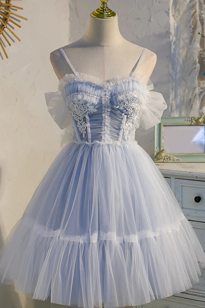 Savings Galore A-Line Princess Spaghetti Straps Tulle Lace Appliques Short Prom Dresses With Bow