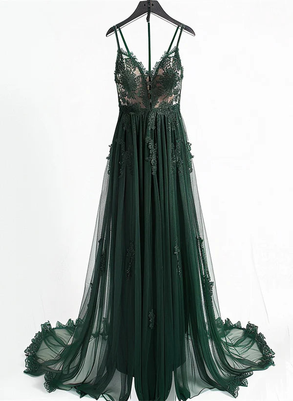 Final Markdown A-line V-neckline Spaghetti Strap Tulle with Lace Green Prom Dress Evening Dress