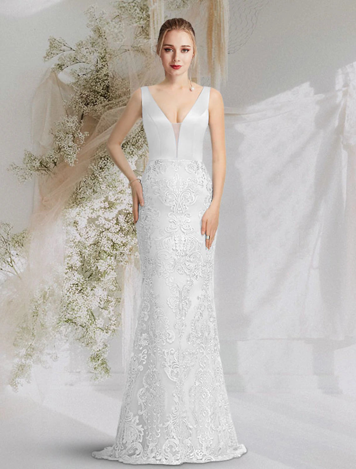 Online Only Mermaid / Trumpet Prom Dresses Luxurious Dress Formal Evening Birthday Court Train Sleeveless V Neck Satin with Overskirt Appliques