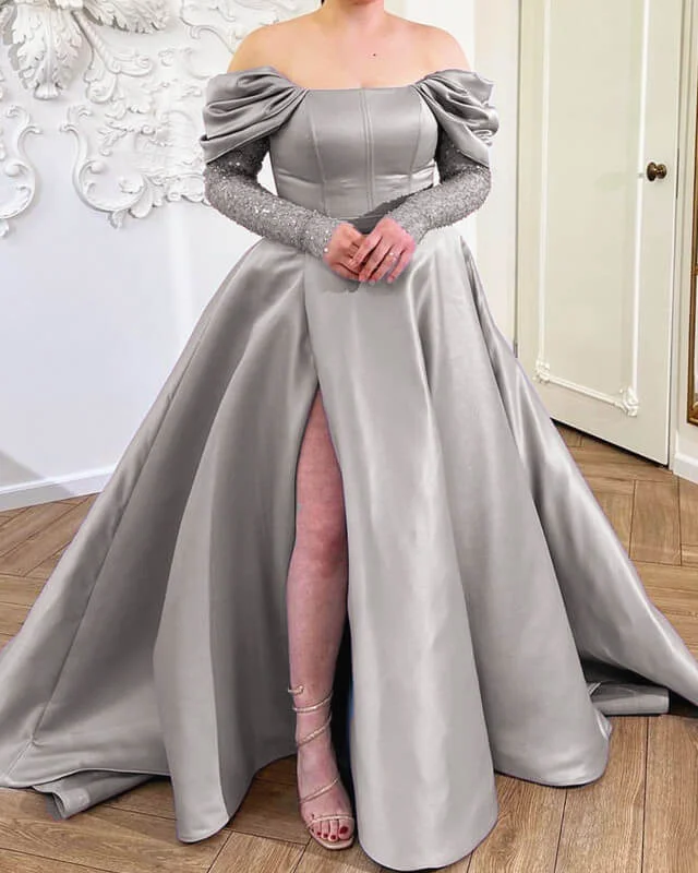 Epic Deals Silver Off Shoulder Split Satin Dress With Sleeves A-Line Sequins Prom Dresses Epic Deals Silver Off Shoulder Split Satin Dress With Sleeves A-Line Sequins Prom Dresses