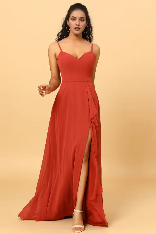 Super Bargain Red A Line Sweetheart Long Chiffon Ruffle Bridesmaid Dress