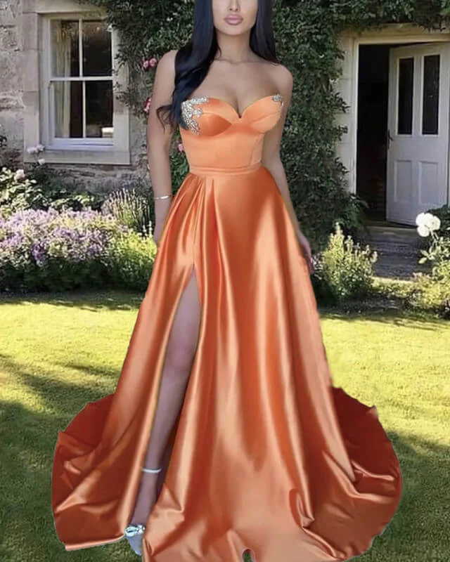 Don't Wait A-Line Long Orange Satin Sweetheart Split Gown Prom Dresses with Sweep Train Don't Wait A-Line Long Orange Satin Sweetheart Split Gown Prom Dresses with Sweep Train