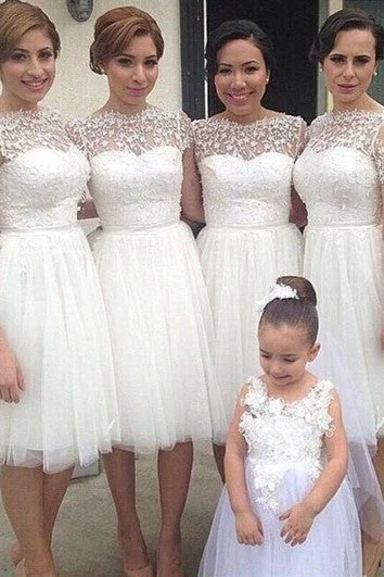 Act Fast Romantic White Tulle Lace Bridesmaid Dress Short Sleeve