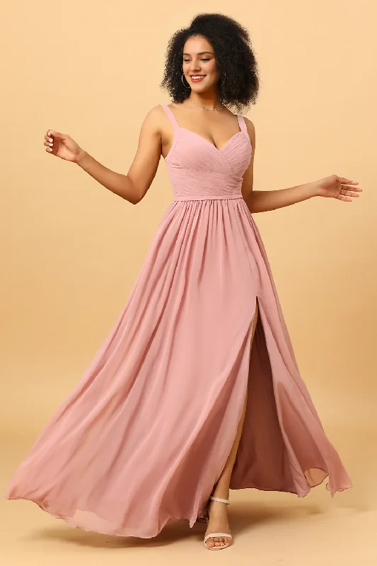 Time-Limited Offer Pink backless side slit long chiffon bridesmaid dress