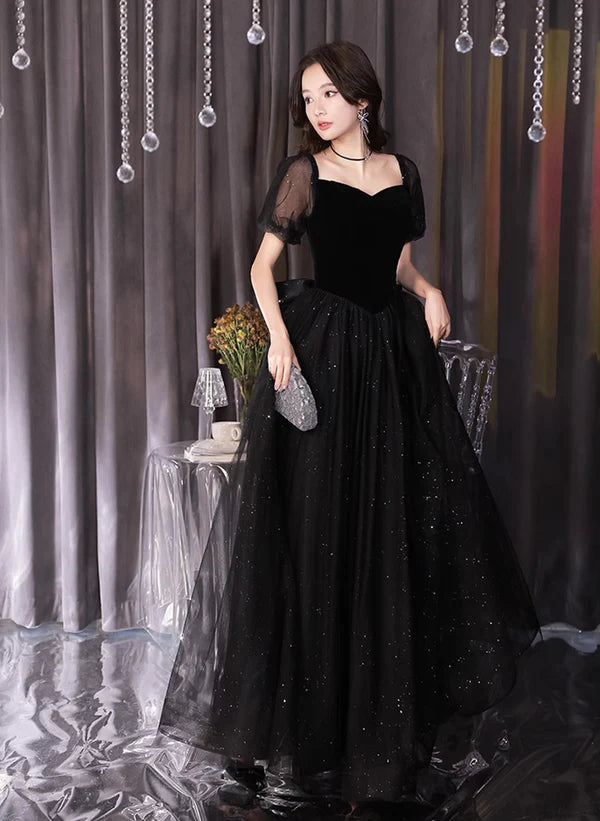 Special Savings A-line Glitter Black Tulle and Velvet Bubble Sleeved Ballgown Prom Dress Evening Dress