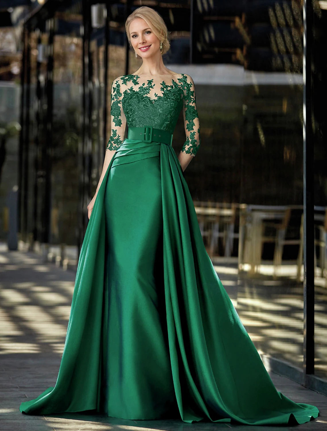 Final Markdown A-Line Evening Gown Formal Christmas Sweep / Brush Train Long Sleeve Jewel Neck Belt / Sash Satin with Appliques Final Markdown A-Line Evening Gown Formal Christmas Sweep / Brush Train Long Sleeve Jewel Neck Belt / Sash Satin with Appliques