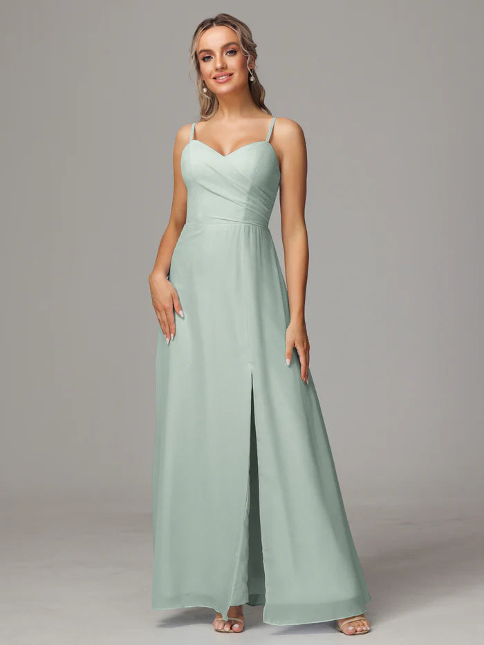 Price Drop Spaghetti Straps Sweetheart Chiffon Floor-length Bridesmaid Dress With Slit