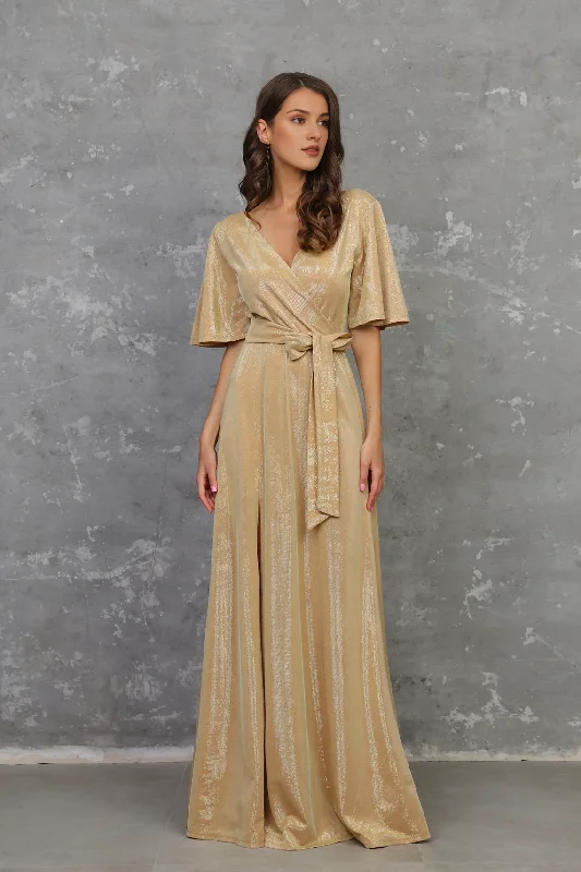 Bargain Bin Sparkle Gold Bridesmaid Dress Engagement Dress Wedding Guest Dress With Slit