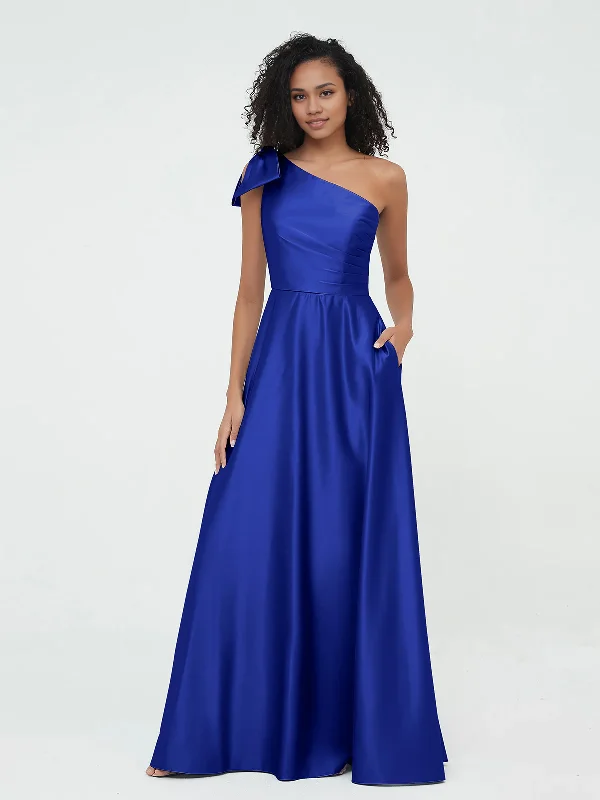 Unmissable Offer One-Shoulder A-Line Long Satin Dresses Bridesmaid Dress with Pockets-Royal Blue