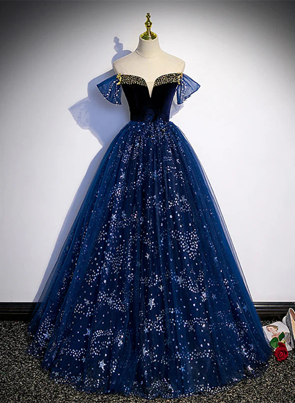 Price Buster Glitter A-Line Princess Quinceanera Dress Navy Blue Tulle Off Shoulder Beaded Long Party Dress Tulle Prom Dress Price Buster Glitter A-Line Princess Quinceanera Dress Navy Blue Tulle Off Shoulder Beaded Long Party Dress Tulle Prom Dress