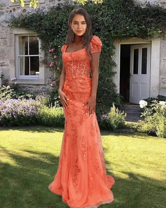 Big Discounts Mermaid Orange Lace Tulle Cap Sleeve Dress Square Neckline Prom Dresses Big Discounts Mermaid Orange Lace Tulle Cap Sleeve Dress Square Neckline Prom Dresses