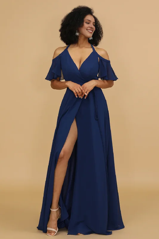 Deal Explosion Navy blue split A-line shoulder chiffon bridesmaid dress