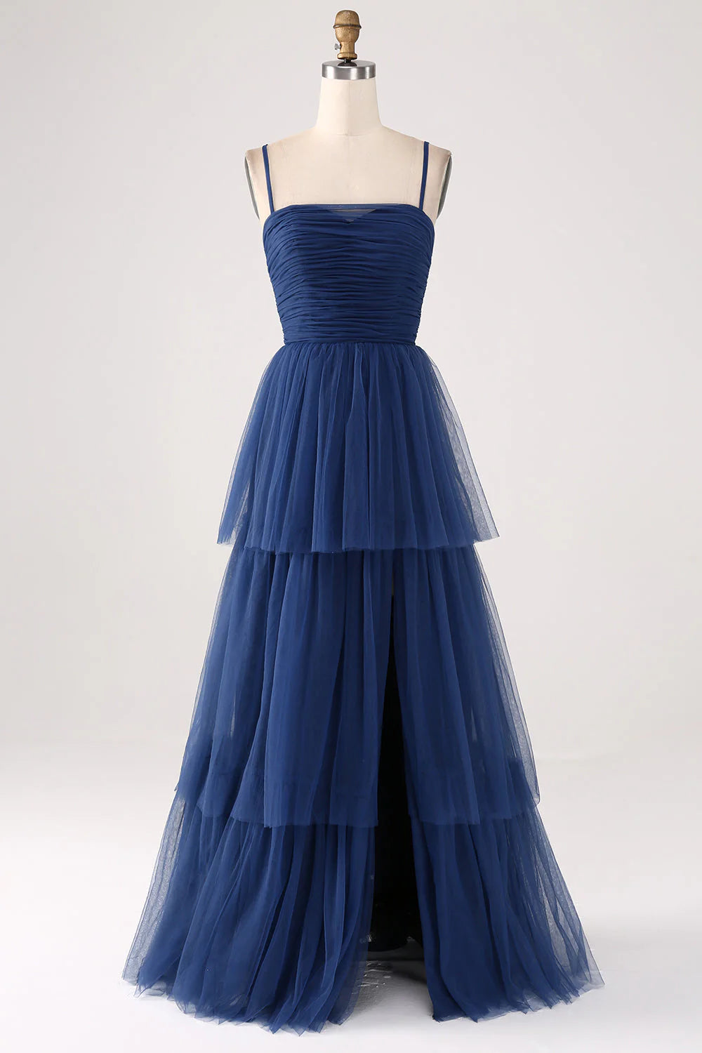 Take Advantage A Line thin shoulder strap layered sheer pleated slit prom dress