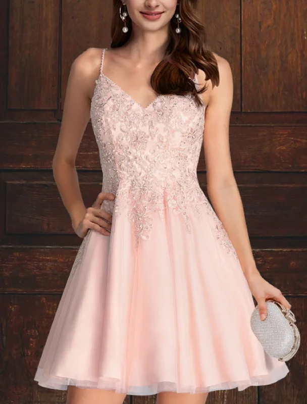 Doorbuster Deal A-Line Cocktail Dresses Empire Dress Homecoming Graduation Short / Mini Sleeveless V Neck Pink Dress Tulle with Tiered Doorbuster Deal A-Line Cocktail Dresses Empire Dress Homecoming Graduation Short / Mini Sleeveless V Neck Pink Dress Tulle with Tiered