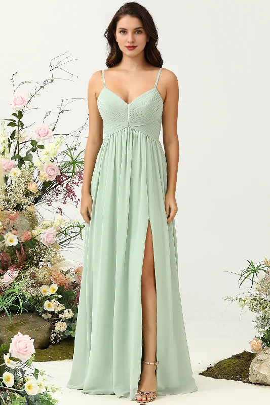 Flash Deals Sage A Line slim shoulder strap pleated long slit chiffon bridesmaid dress Flash Deals Sage A Line slim shoulder strap pleated long slit chiffon bridesmaid dress