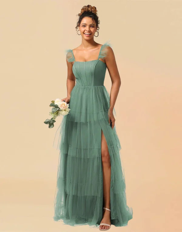 Deal of the Week A-Line Detachable Straps Lace Up Tulle With Split Bridesmaid Dress