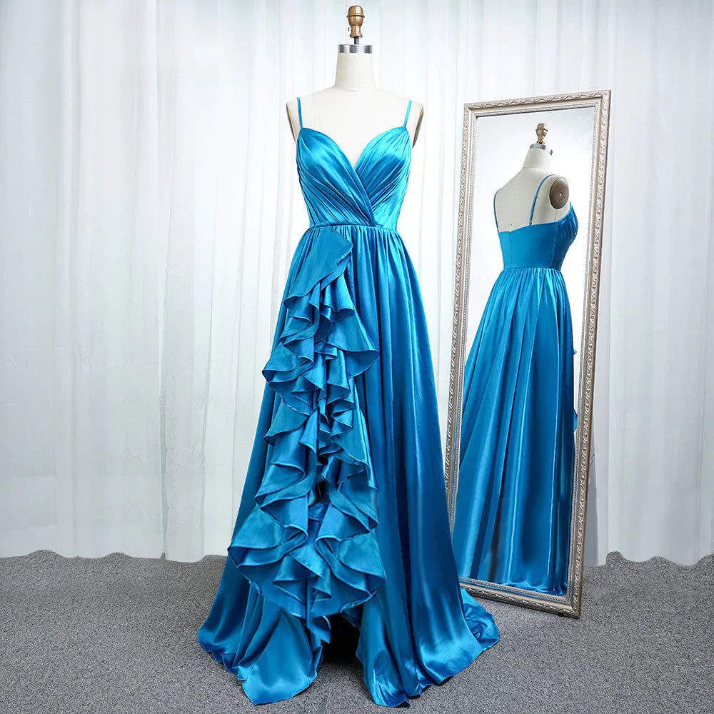 Final Clearance A Line Spaghetti Straps  Satin Prom Dresses With Slit And Flounced