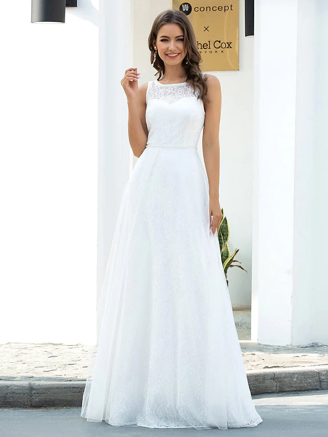 Anniversary Sale Beach Wedding Dresses Floor Length A-Line Sleeveless Jewel Neck Lace With Lace Anniversary Sale Beach Wedding Dresses Floor Length A-Line Sleeveless Jewel Neck Lace With Lace