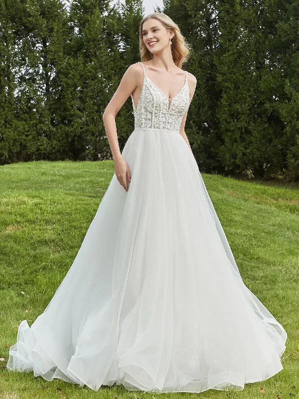 Price Reduction Thin shoulder strap pleated backless A-line bridal gown