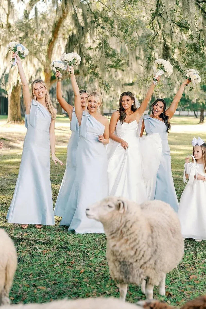 Mega Deal Light Blue One Shoulder Satin Sheath Long Bridesmaid Dresses