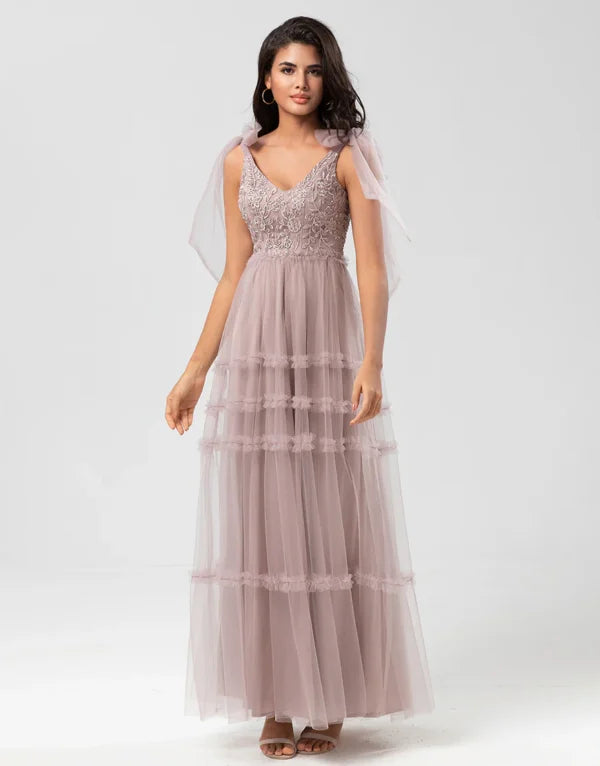 Big Discounts A-Line V Neck Dusty Pink Long with Beading Bridesmaid Dress