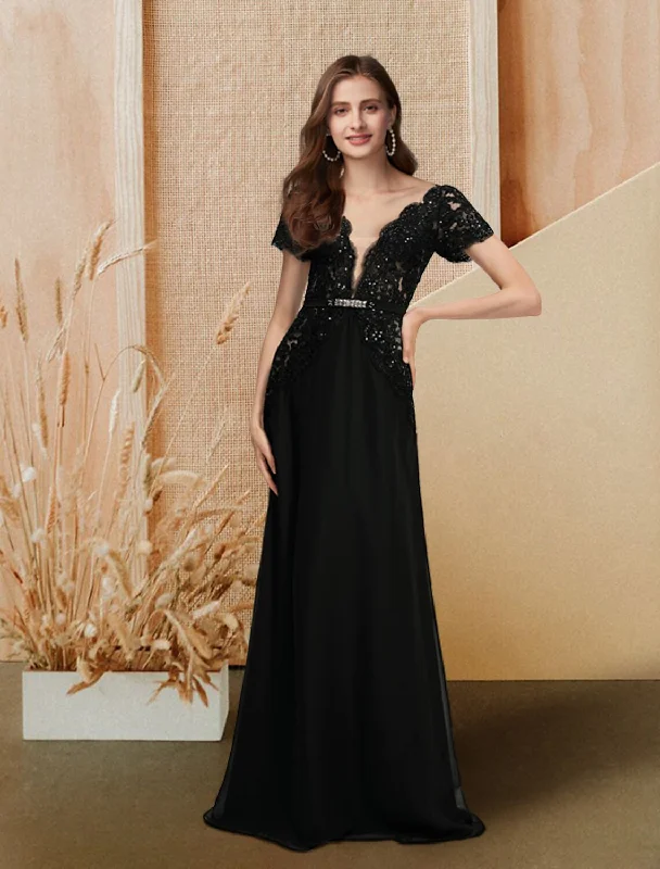 Grand Opening Sale A-Line Evening Gown Empire Dress Engagement Formal Evening Floor Length Short Sleeve V Neck Chiffon with Sequin Lace Insert Grand Opening Sale A-Line Evening Gown Empire Dress Engagement Formal Evening Floor Length Short Sleeve V Neck Chiffon with Sequin Lace Insert