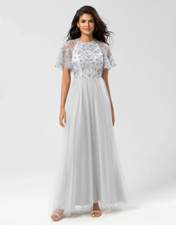 Great Bargains A-Line Jewel Neck Grey Long with Short Sleeves Bridesmaid Dress