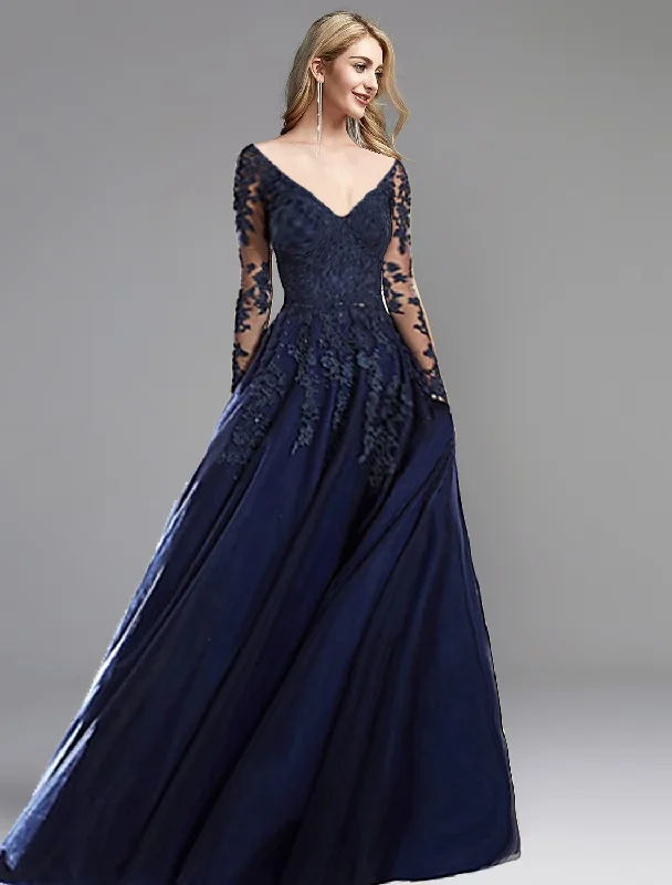 Major Savings A-Line Evening Gown Open Back Dress Formal Evening Long Sleeve Plunging Neck Chiffon with Appliques