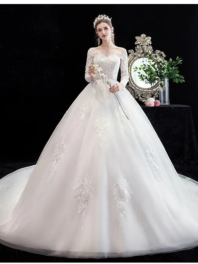 Last Chance Engagement Formal Wedding Dresses Chapel Train Princess Long Sleeve Off Shoulder Lace With Beading Appliques Last Chance Engagement Formal Wedding Dresses Chapel Train Princess Long Sleeve Off Shoulder Lace With Beading Appliques