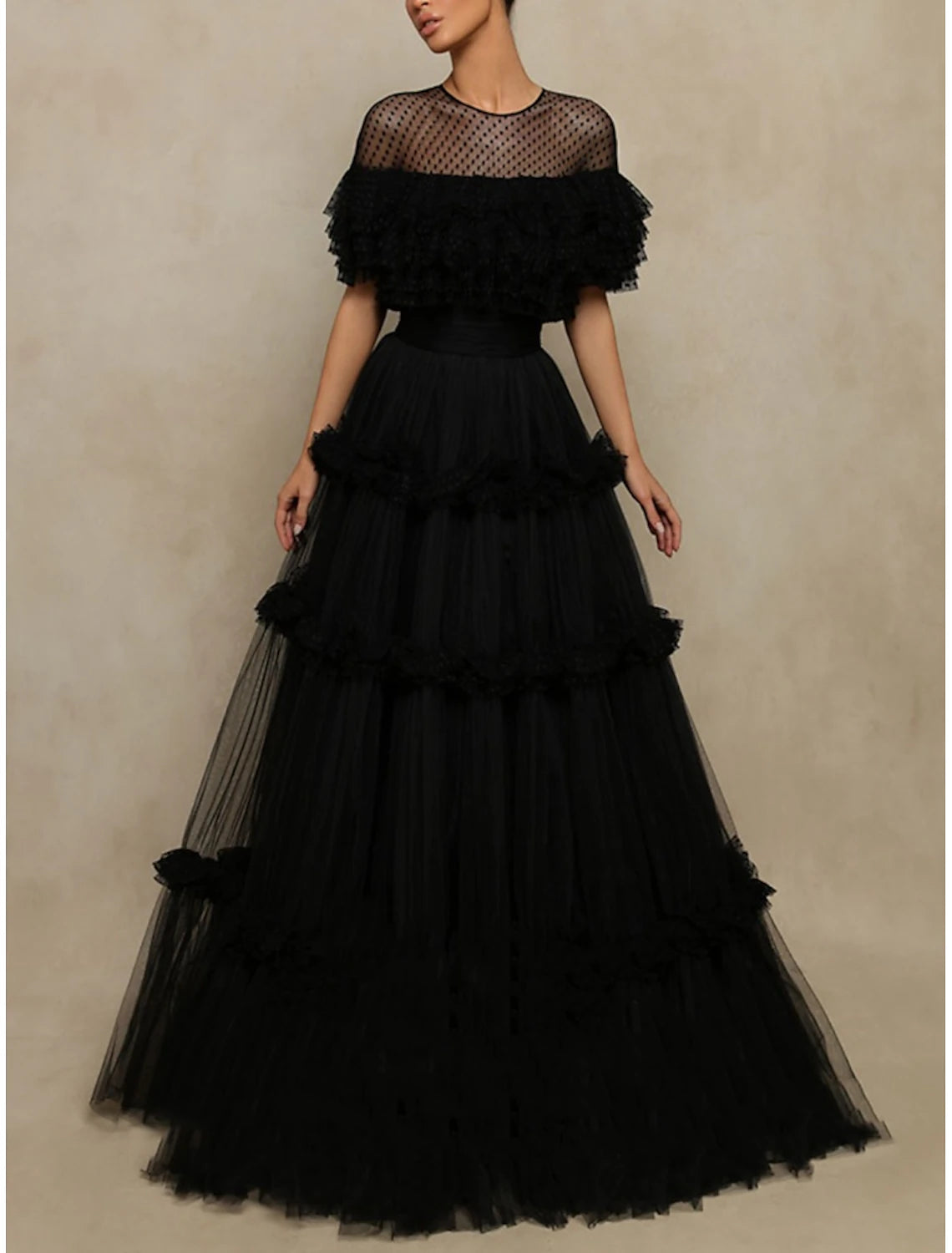 Early Access A-Line Prom Dresses Elegant Dress Formal Floor Length Short Sleeve Jewel Neck Tulle with Pleats Ruffles