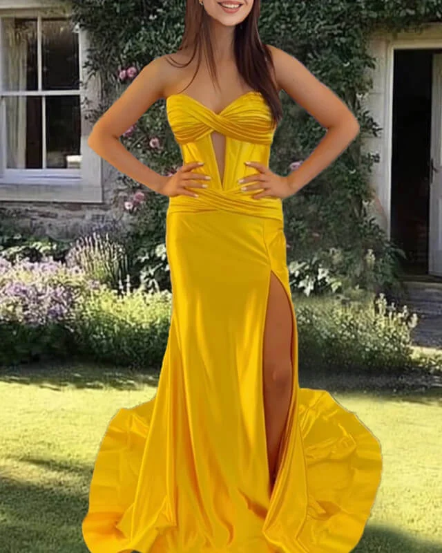 Special Price Gold Mermaid Sweetheart Split Dress Prom Dresses with Sweep Train