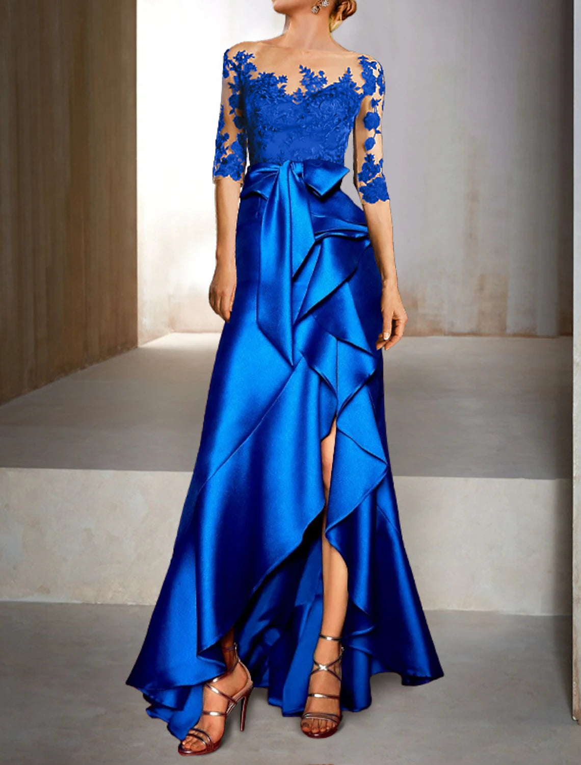Low Prices Mermaid / Trumpet Evening Gown Wedding Guest Fall Asymmetrical Satin with Bow(s) Appliques