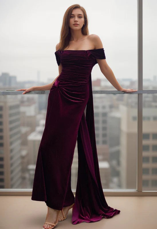 Act Fast Greece Goddess Off-the-shoulder fit and flare Velvet dress with ribbon train Act Fast Greece Goddess Off-the-shoulder fit and flare Velvet dress with ribbon train