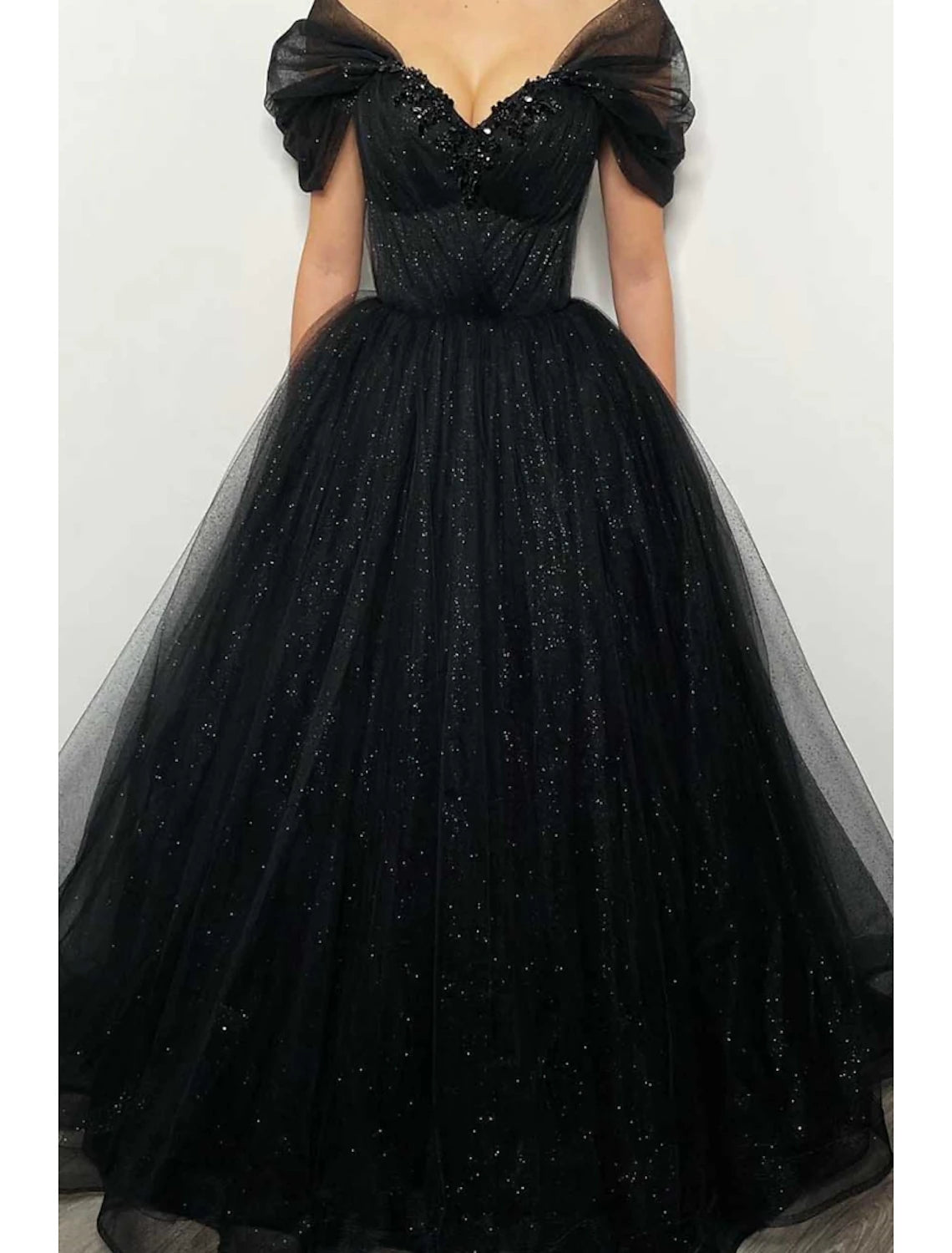 Limited Quantity A-Line Prom Dresses Elegant Dress Formal Floor Length Black Dress Short Sleeve Off Shoulder Tulle with Pleats Beading Sequin Limited Quantity A-Line Prom Dresses Elegant Dress Formal Floor Length Black Dress Short Sleeve Off Shoulder Tulle with Pleats Beading Sequin