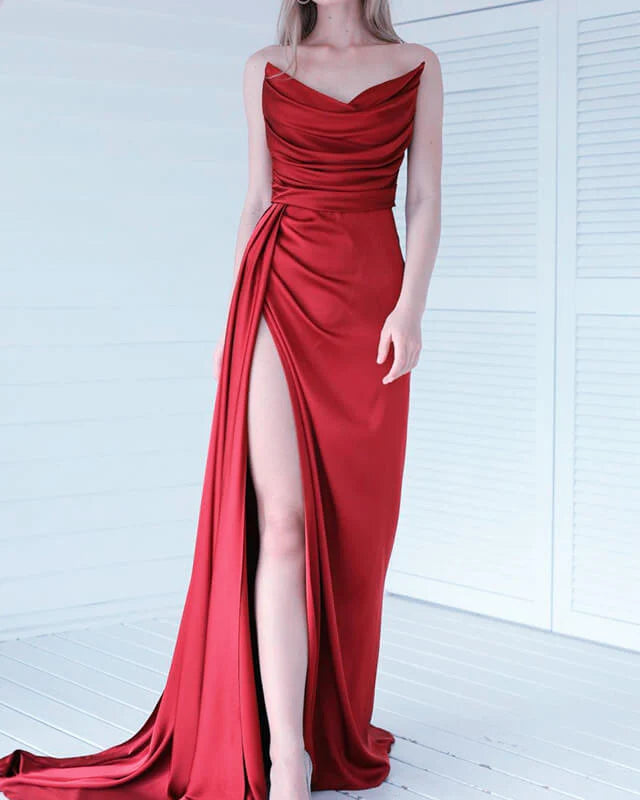 Year-End Sale Mermaid Strapless Split Dress Satin Ruched Prom Dresses