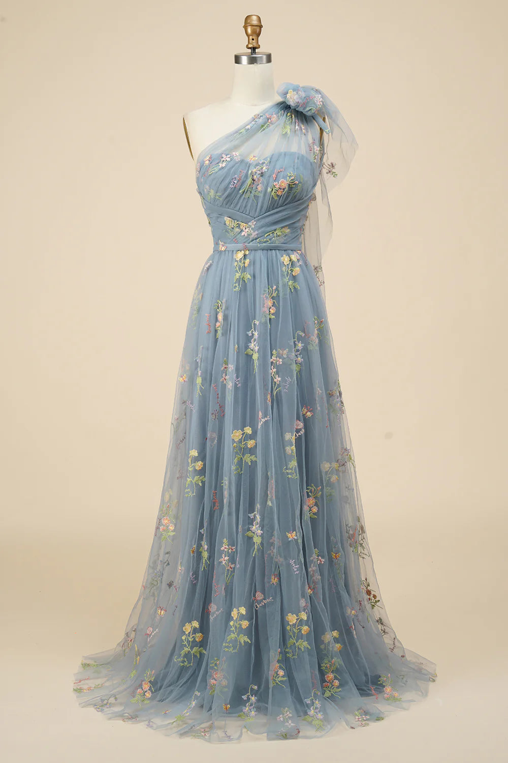 Savings Galore A-Line Grey Blue Long Prom Dress With Embroidery