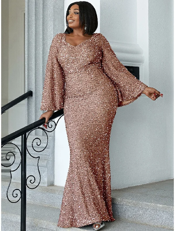 Deal Alert Mermaid / Trumpet Wedding Guest Dresses Plus Size Dress Cocktail Party Floor Length Long Sleeve Scoop Neck Sequined with Glitter Deal Alert Mermaid / Trumpet Wedding Guest Dresses Plus Size Dress Cocktail Party Floor Length Long Sleeve Scoop Neck Sequined with Glitter