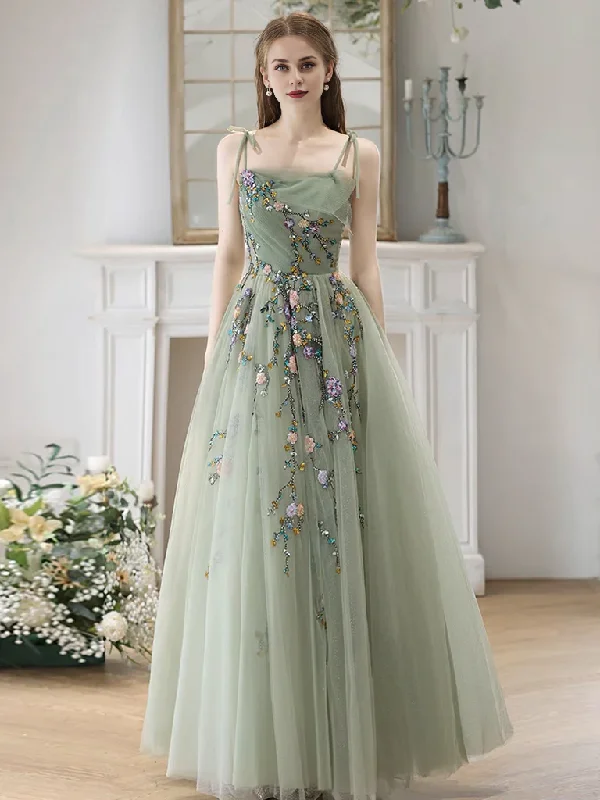 Doorbuster Deal A-Line Princess Tulle Beads Green Long Prom Dress Formal Dress