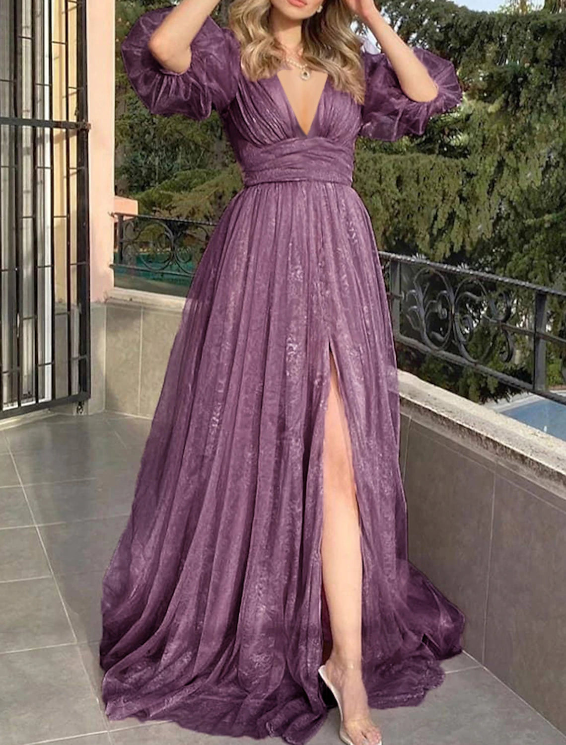 Clearance Sale A-Line Princess Fairy High Split Wedding Guest Prom Dress V Neck Half Sleeve Sweep / Brush Train Organza with Ruffles / Puff Balloon Sleeve
