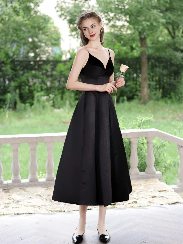 Exclusive Access A-Line V Neck Tea Length Satin Black Prom Dress Formal Dress