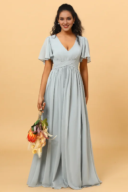 Grand Opening Sale Grey blue A-line V-neck short sleeved chiffon bridesmaid dress