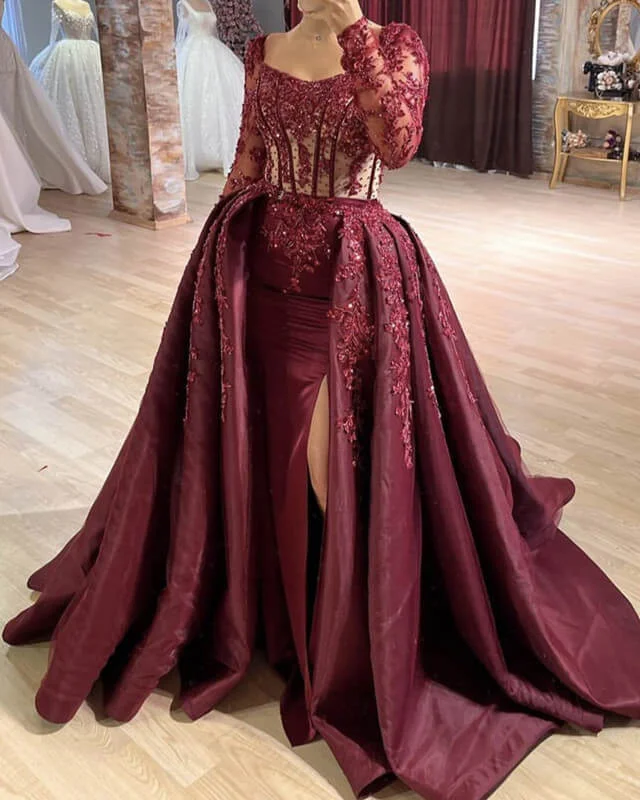 Act Now Burgundy Mermaid Sheer Lace Sleeve Satin Split Dress Ballgown Prom Dresses Act Now Burgundy Mermaid Sheer Lace Sleeve Satin Split Dress Ballgown Prom Dresses